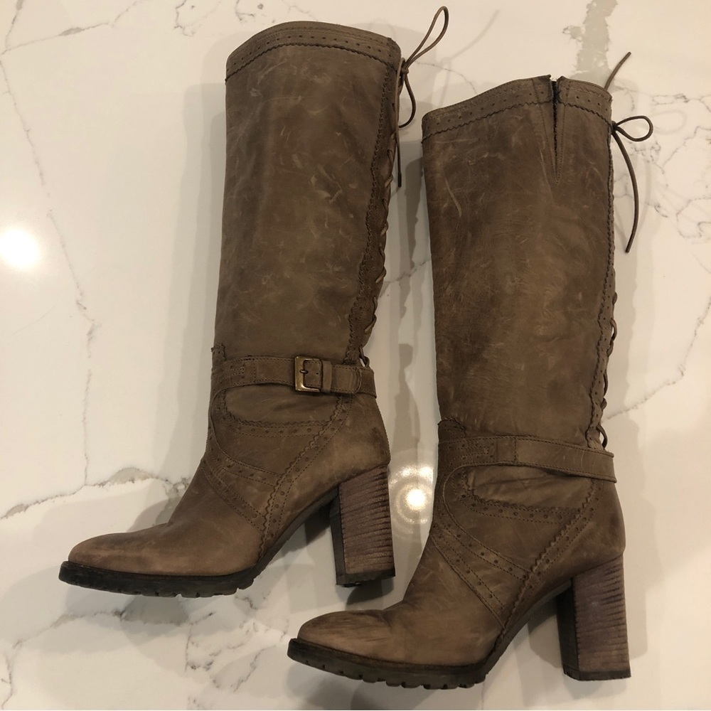 Fabianelli Womens Brown Leather Knee High Boots US Size 5.5 Italy Lace Up Retro